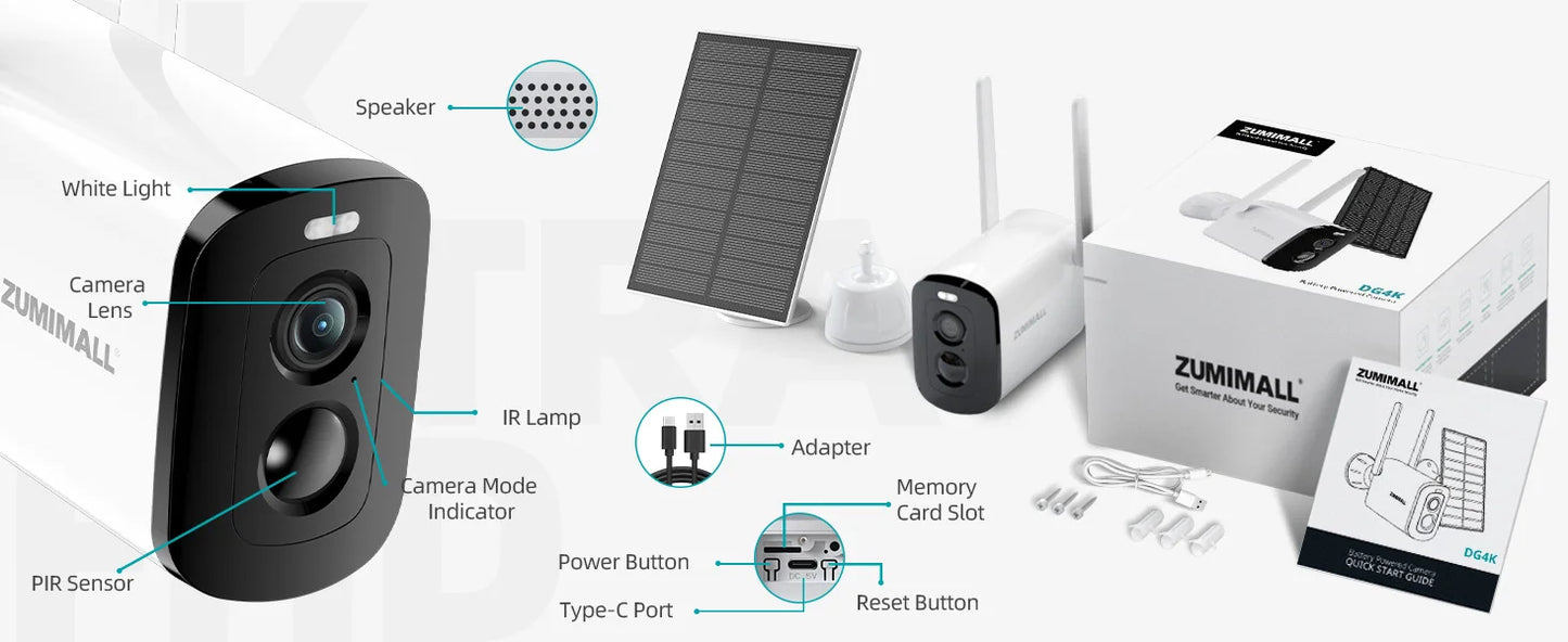 ZUMIMALL 2K Solar/battery Camera for Home Security, 3MP Color Night Vision, Wireless Outdoor,2.4GHz WiFi, 2-Way Talk,