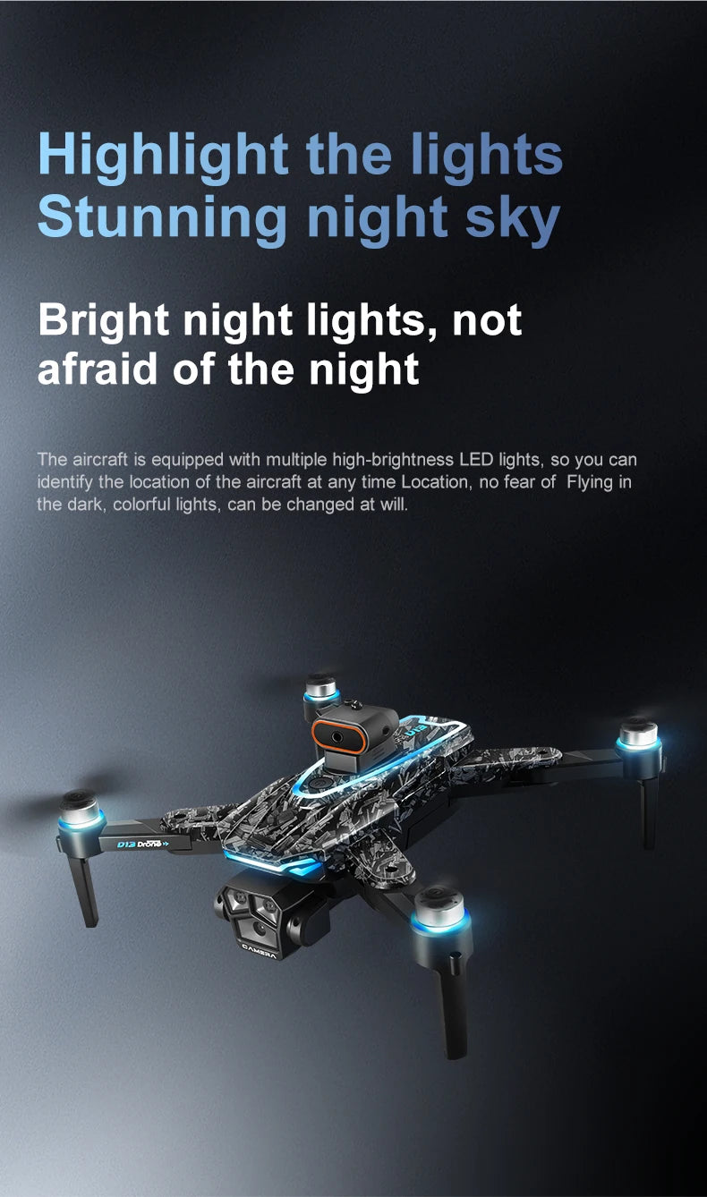 New D13 RC Drone 4K Professional HD Triple Camera 5G WIFI FPV Dron 360° Obstacle Avoidance Brushless Large Screen Quadcopter Toy