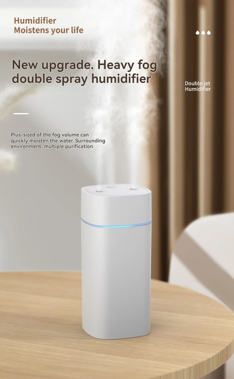 Dual-Nozzle USB Humidifier | 800ml/H Super Mist & Ultra Quiet | Car/Home Moisturizing Device