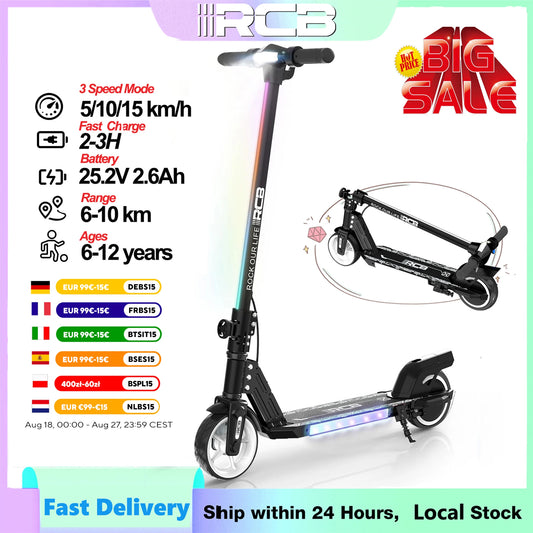 RCB R12 Electric Scooter for Kids Age 6-12, Colorful Lights, 6.5" Foldable E Scooter, LED Display, Lightweight Electric Scooter