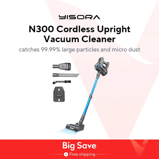 YISORA N300 Cordless Upright Vacuum Cleaner, 20Kpa Ultra Lightweight Stick Vacuum for Carpet, Hard Floor, Car, Pet Hair