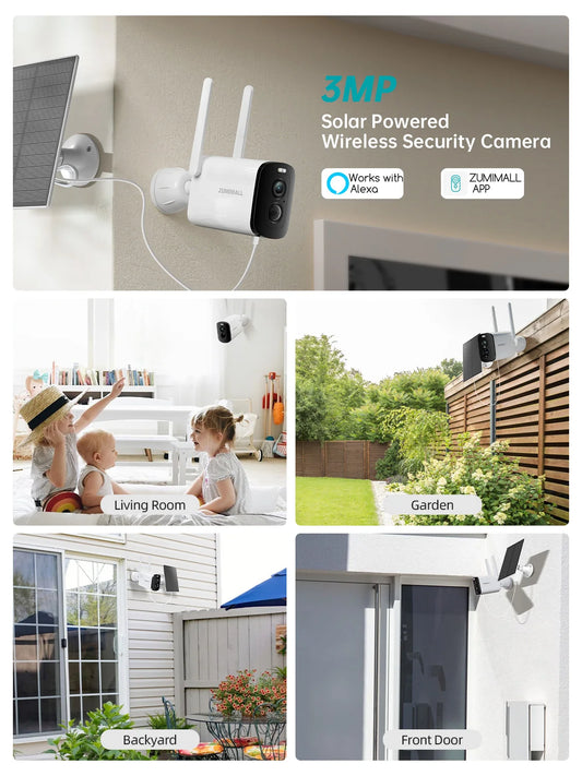 ZUMIMALL  2K Solar/battery Camera for Home Security, 3MP Color Night Vision, Wireless Outdoor,2.4GHz WiFi, 2-Way Talk,