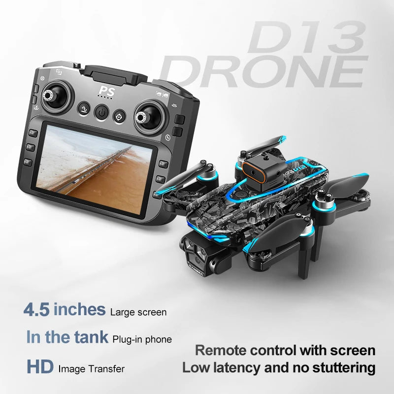 New D13 RC Drone 4K Professional HD Triple Camera 5G WIFI FPV Dron 360° Obstacle Avoidance Brushless Large Screen Quadcopter Toy