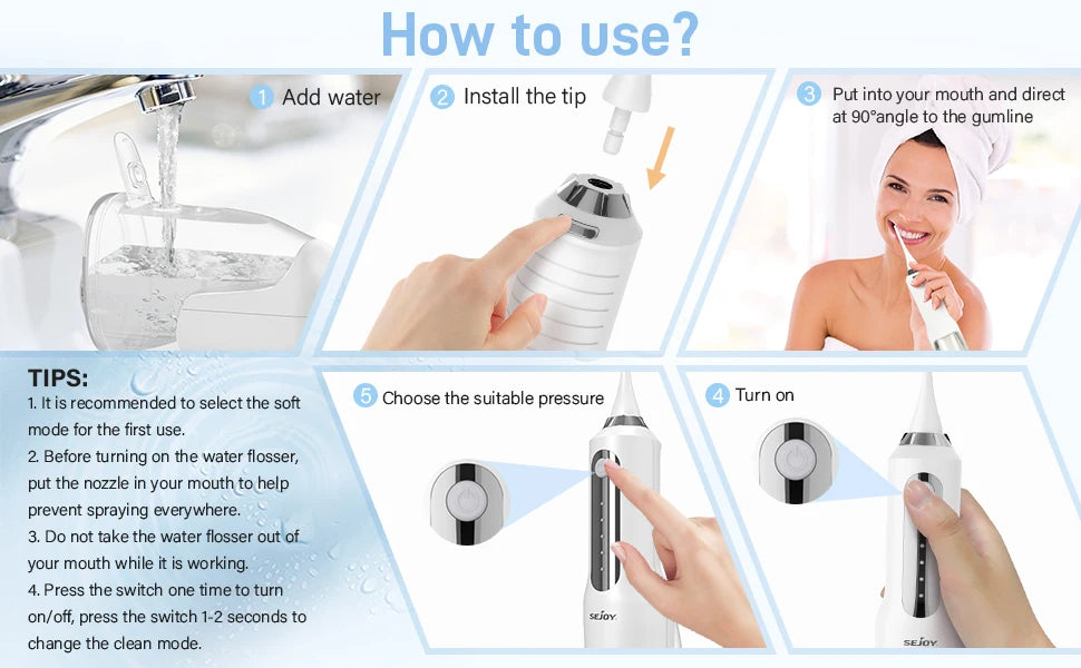 Sejoy Cordless Electric Water Flossers for Teeth Water Dental Flosser Portable Oral Irrigator Rechargeable