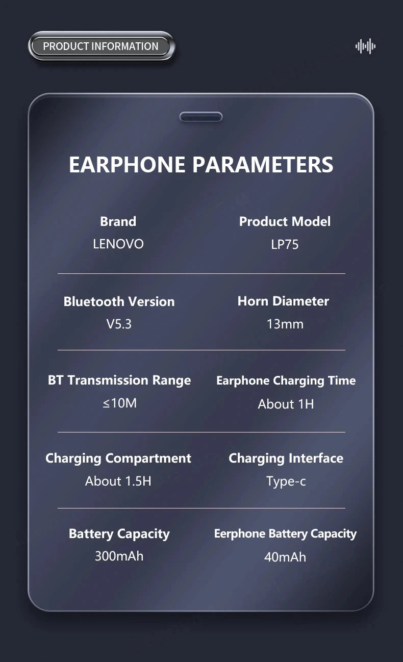 Ship From US Lenovo LP75 Bluetooth 5.3 Headphones Wireless Music Earphones LED Digital Display Noise Reduction Game Earbuds New