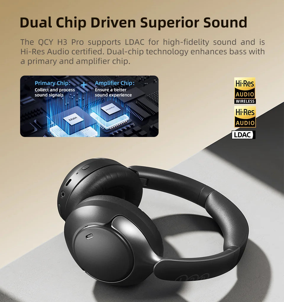 QCY H3 Pro ANC Wireless Bluetooth Headphone Hi-Res Spatial Audio Earphone with LDAC 50dB Active Noise Canceling Over Ear Headset