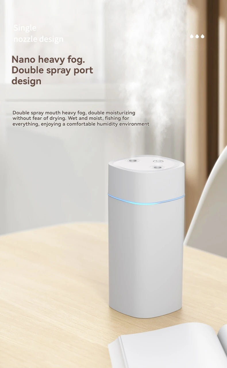 Dual-Nozzle USB Humidifier | 800ml/H Super Mist & Ultra Quiet | Car/Home Moisturizing Device