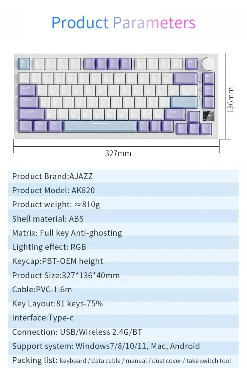 Ajazz Ak820 RGB Tri-Mode Gaming Mechanical Keyboard 82 Key Bluetooth 2.4GHz Wireless Gamer Keyboard Custom Gasket for Pc Laptop