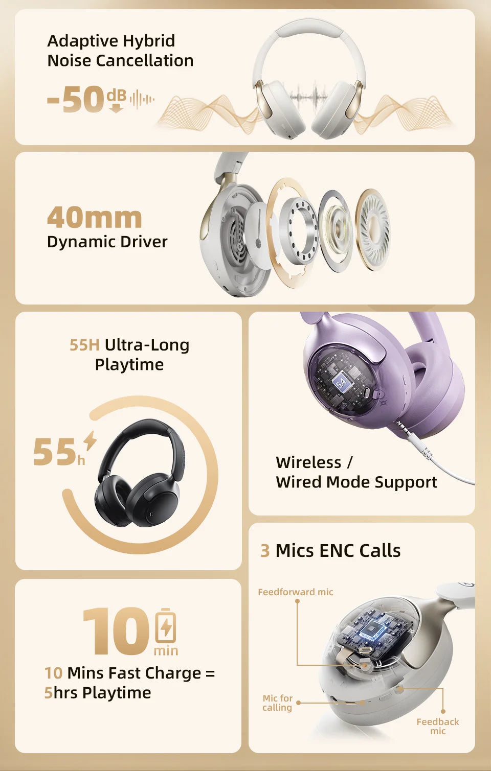 QCY H3 Pro ANC Wireless Bluetooth Headphone Hi-Res Spatial Audio Earphone with LDAC 50dB Active Noise Canceling Over Ear Headset