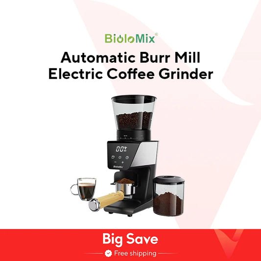 BioloMix Automatic Burr Mill Electric Coffee Grinder with 30 Gears for Espresso American Coffee Pour Over Visual Bean Storage
