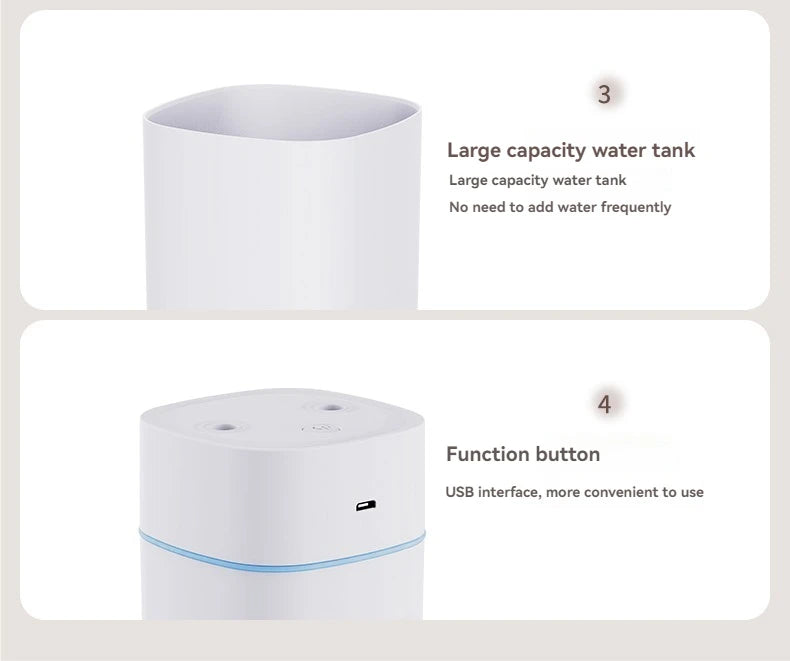 Dual-Nozzle USB Humidifier | 800ml/H Super Mist & Ultra Quiet | Car/Home Moisturizing Device
