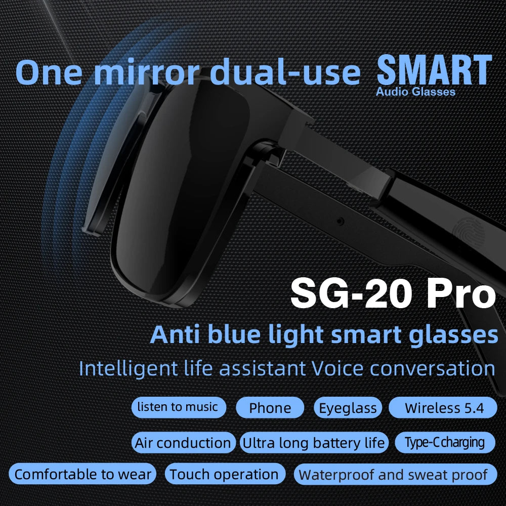 SG20 TWS 2-in-1 Smart Bluetooth Glasses - Convertible Sunglasses & Clear Lenses, Wireless Audio, Touch Control