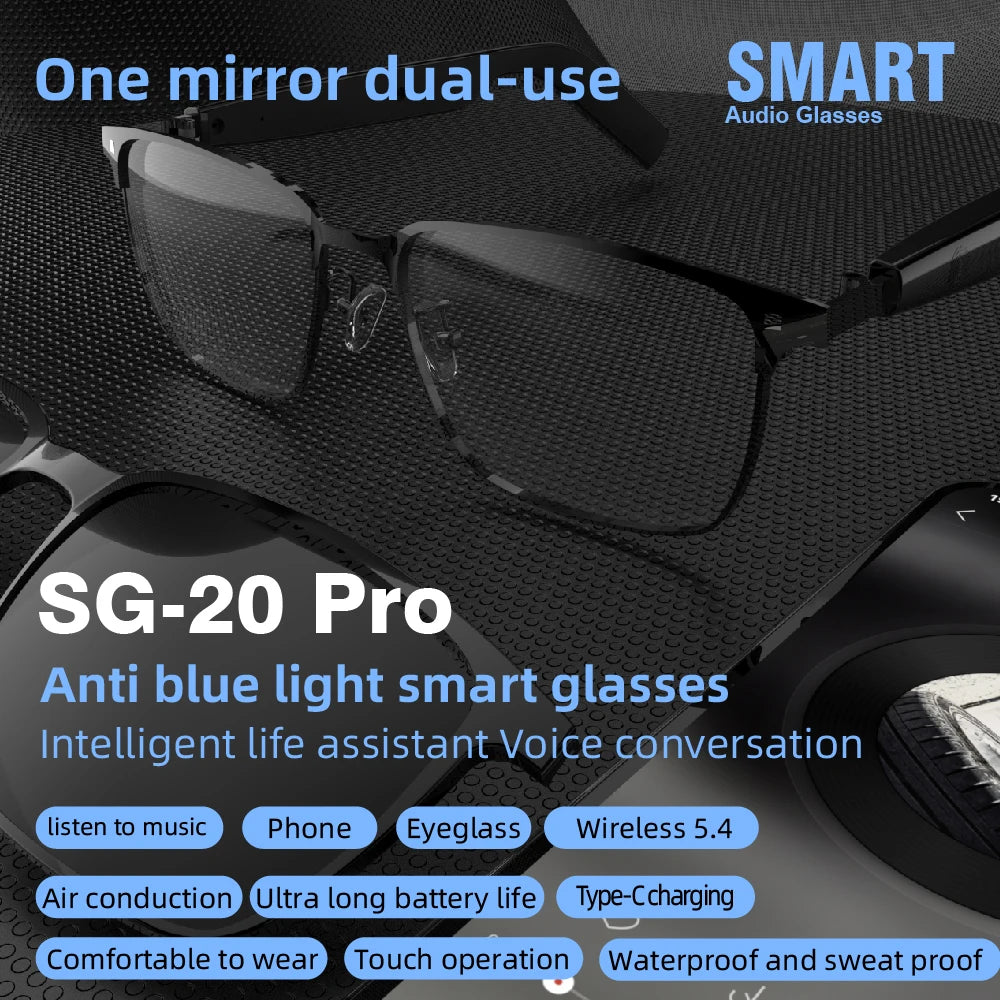 SG20 TWS 2-in-1 Smart Bluetooth Glasses - Convertible Sunglasses & Clear Lenses, Wireless Audio, Touch Control