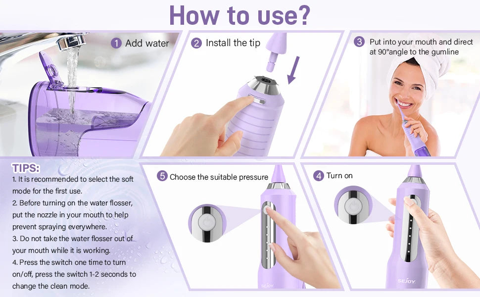 Sejoy Cordless Electric Water Flossers for Teeth Water Dental Flosser Portable Oral Irrigator Rechargeable
