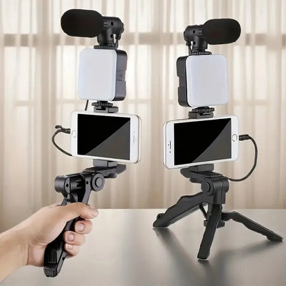 STTKGZD Smartphone Vlogging Kit With Tripod Phone Holder Mini Microphone Fill Light Starter Handle Portable Stabilizer Bracket