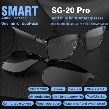 SG20 TWS 2-in-1 Smart Bluetooth Glasses - Convertible Sunglasses & Clear Lenses, Wireless Audio, Touch Control