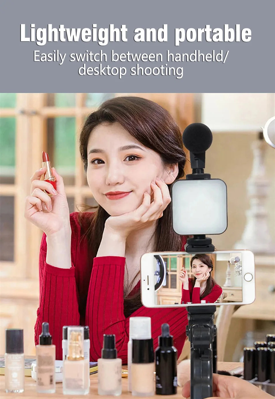 STTKGZD Smartphone Vlogging Kit With Tripod Phone Holder Mini Microphone Fill Light Starter Handle Portable Stabilizer Bracket