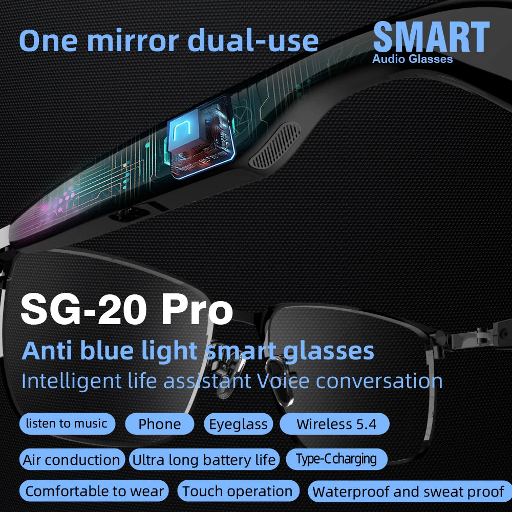 SG20 TWS 2-in-1 Smart Bluetooth Glasses - Convertible Sunglasses & Clear Lenses, Wireless Audio, Touch Control