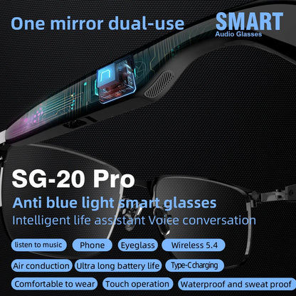 SG20 TWS 2-in-1 Smart Bluetooth Glasses - Convertible Sunglasses & Clear Lenses, Wireless Audio, Touch Control