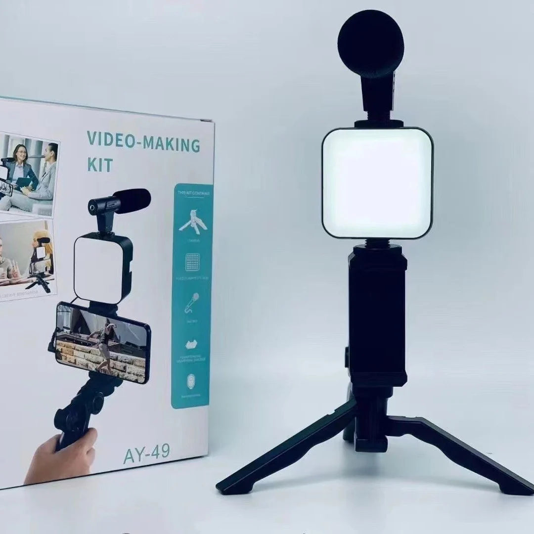 STTKGZD Smartphone Vlogging Kit With Tripod Phone Holder Mini Microphone Fill Light Starter Handle Portable Stabilizer Bracket