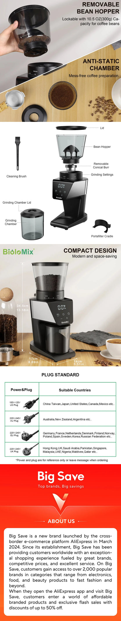 BioloMix Automatic Burr Mill Electric Coffee Grinder with 30 Gears for Espresso American Coffee Pour Over Visual Bean Storage