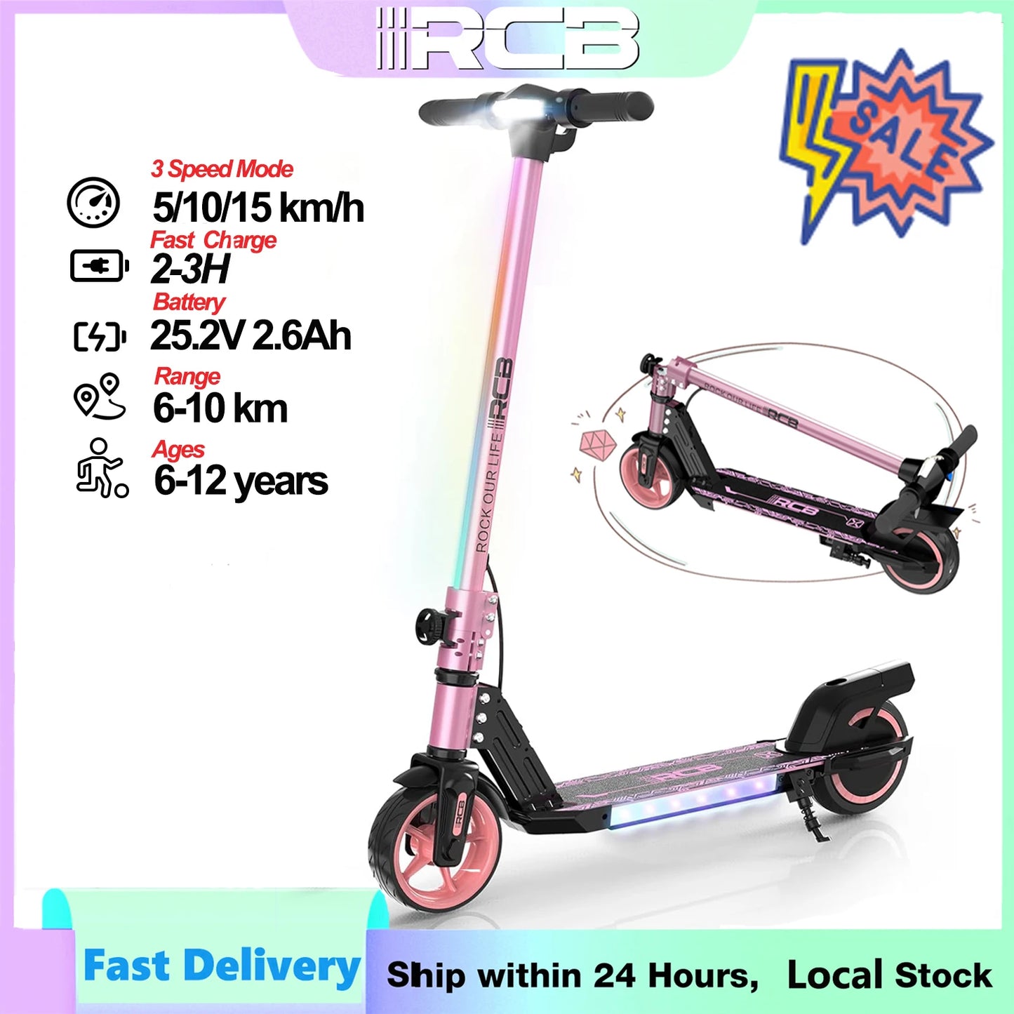 RCB R12 Electric Scooter for Kids Age 6-12, Colorful Lights, 6.5" Foldable E Scooter, LED Display, Lightweight Electric Scooter