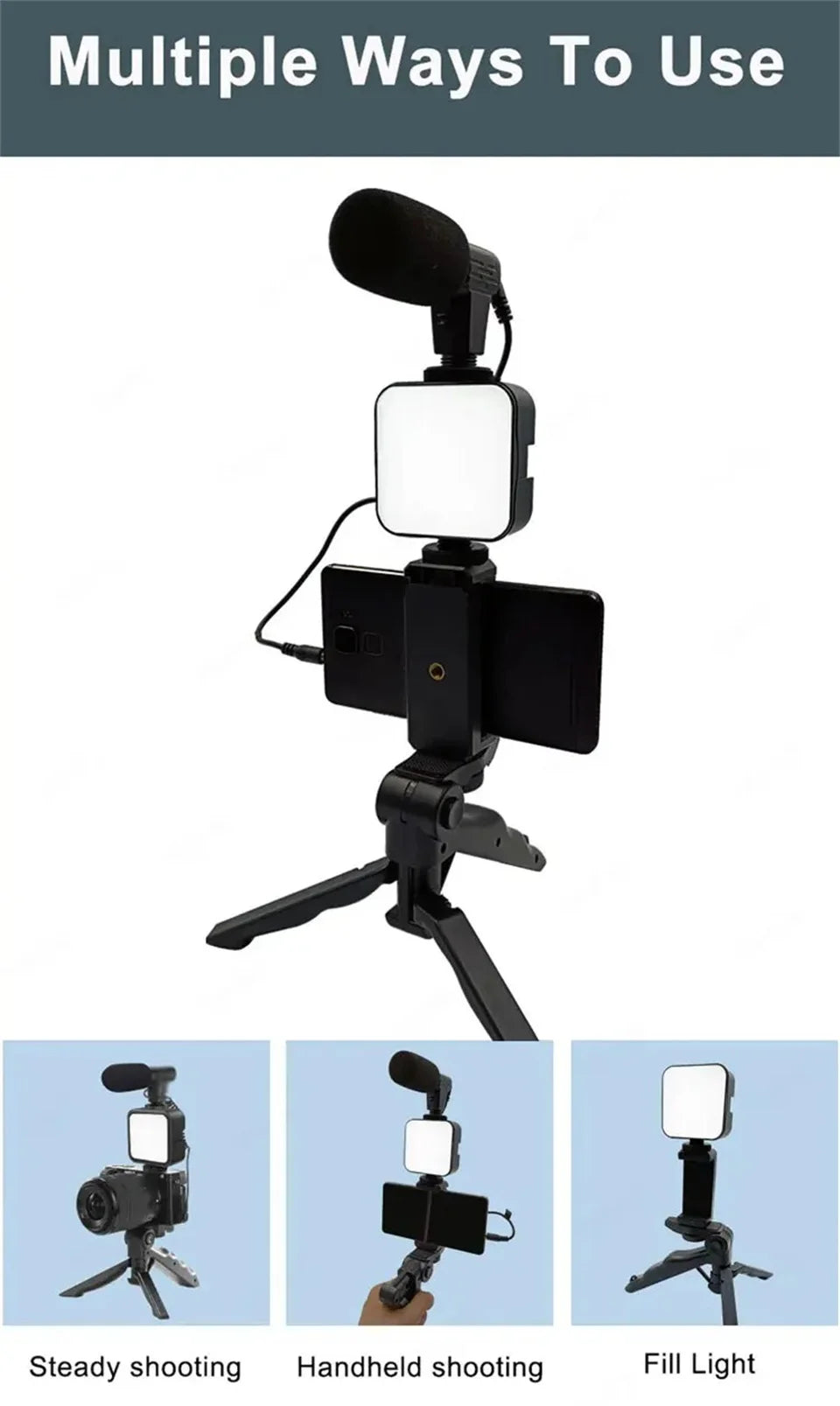 STTKGZD Smartphone Vlogging Kit With Tripod Phone Holder Mini Microphone Fill Light Starter Handle Portable Stabilizer Bracket