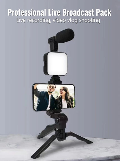 STTKGZD Smartphone Vlogging Kit With Tripod Phone Holder Mini Microphone Fill Light Starter Handle Portable Stabilizer Bracket