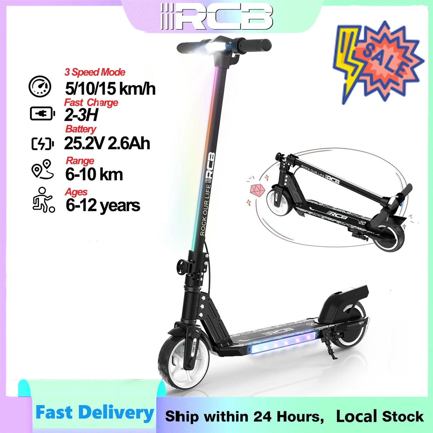 RCB R12 Electric Scooter for Kids Age 6-12, Colorful Lights, 6.5" Foldable E Scooter, LED Display, Lightweight Electric Scooter