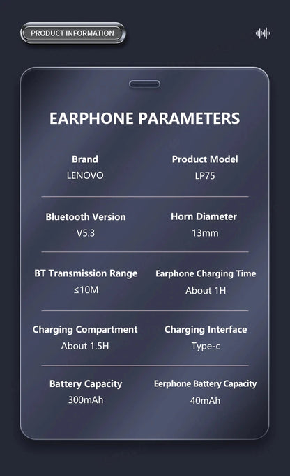 Ship From US Lenovo LP75 Bluetooth 5.3 Headphones Wireless Music Earphones LED Digital Display Noise Reduction Game Earbuds New