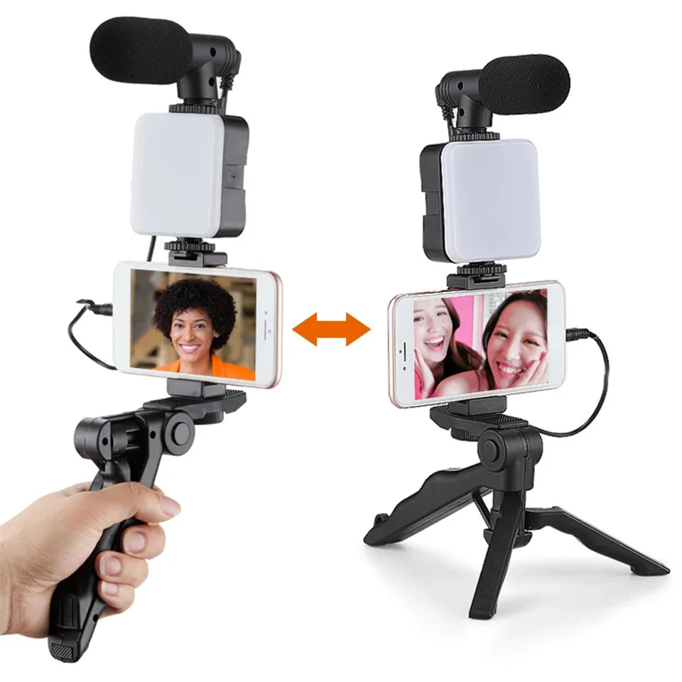 STTKGZD Smartphone Vlogging Kit With Tripod Phone Holder Mini Microphone Fill Light Starter Handle Portable Stabilizer Bracket