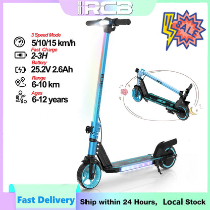 RCB R12 Electric Scooter for Kids Age 6-12, Colorful Lights, 6.5" Foldable E Scooter, LED Display, Lightweight Electric Scooter