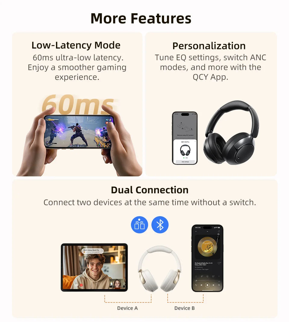 QCY H3 Pro ANC Wireless Bluetooth Headphone Hi-Res Spatial Audio Earphone with LDAC 50dB Active Noise Canceling Over Ear Headset