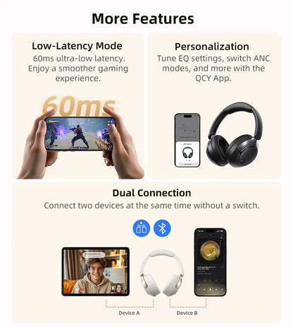 QCY H3 Pro ANC Wireless Bluetooth Headphone Hi-Res Spatial Audio Earphone with LDAC 50dB Active Noise Canceling Over Ear Headset