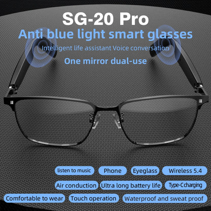 SG20 TWS 2-in-1 Smart Bluetooth Glasses - Convertible Sunglasses & Clear Lenses, Wireless Audio, Touch Control