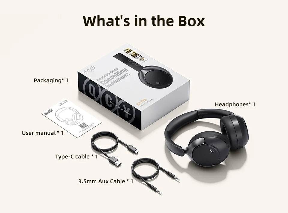 QCY H3 Pro ANC Wireless Bluetooth Headphone Hi-Res Spatial Audio Earphone with LDAC 50dB Active Noise Canceling Over Ear Headset
