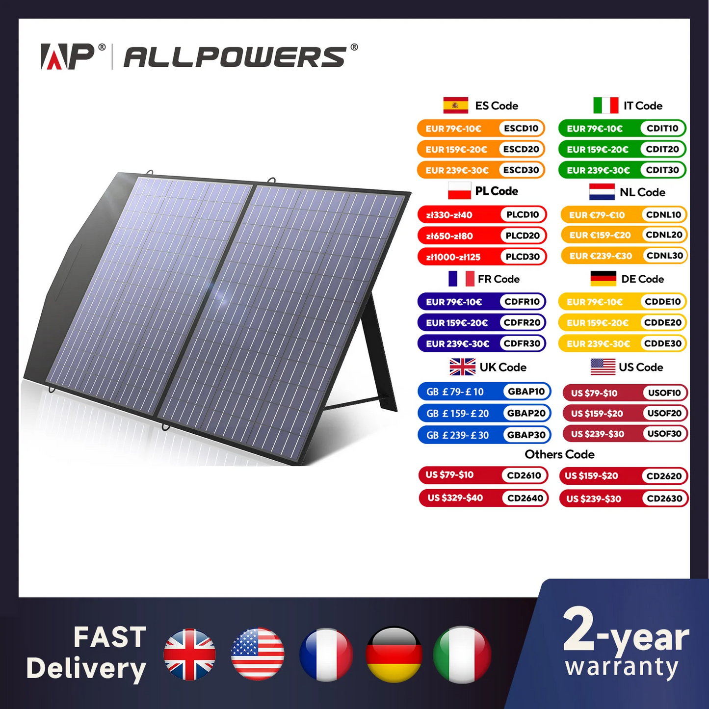 ALLPOWERS 400W / 200W / 140W / 100W / 60W Solar Charger，Portable Waterproof Foldable Solar Panel for Camping RV Garden Roof
