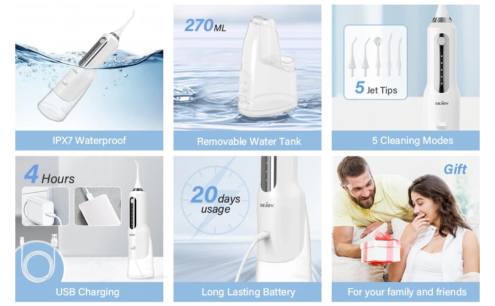 Sejoy Cordless Electric Water Flossers for Teeth Water Dental Flosser Portable Oral Irrigator Rechargeable