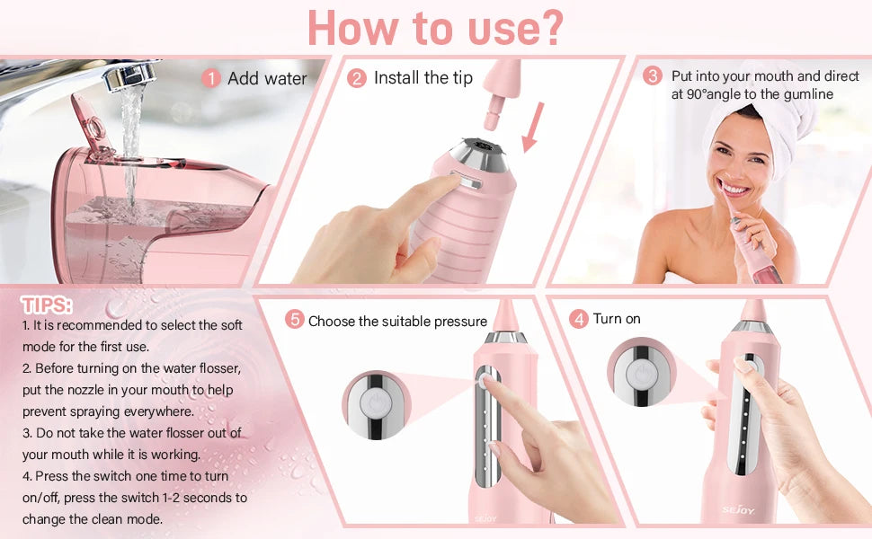 Sejoy Cordless Electric Water Flossers for Teeth Water Dental Flosser Portable Oral Irrigator Rechargeable