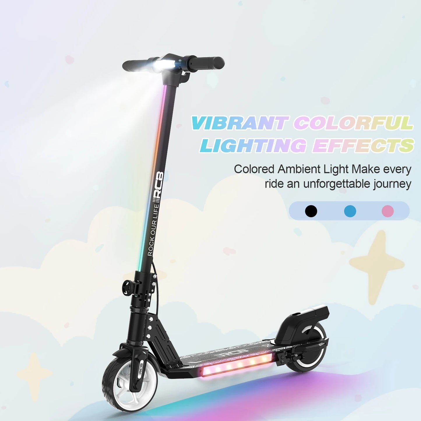 RCB R12 Electric Scooter for Kids Age 6-12, Colorful Lights, 6.5" Foldable E Scooter, LED Display, Lightweight Electric Scooter