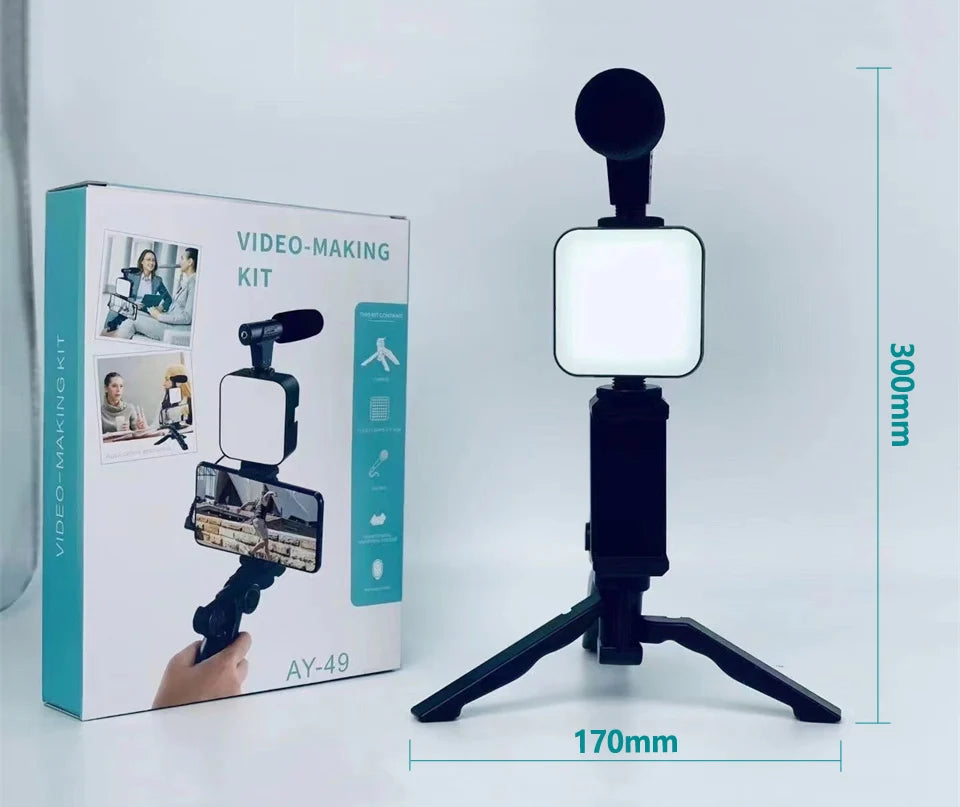 STTKGZD Smartphone Vlogging Kit With Tripod Phone Holder Mini Microphone Fill Light Starter Handle Portable Stabilizer Bracket